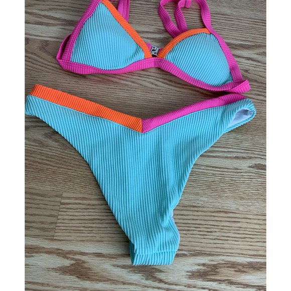 Womens Multi Colored 2 pc Bikini Ribbed Triangle Top Swimsuit Size S - Picture 3 of 5